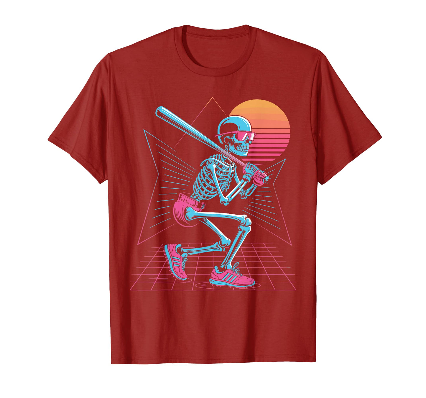 Retro 80s Skeleton Baseball Graphic Synthwave Hitter T-Shirt