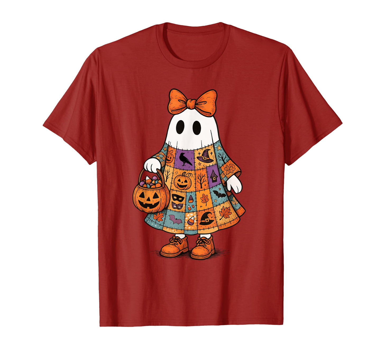 Patchwork Ghosts Cozy Spooky Fall Pumpkin Ghost Halloween T-Shirt