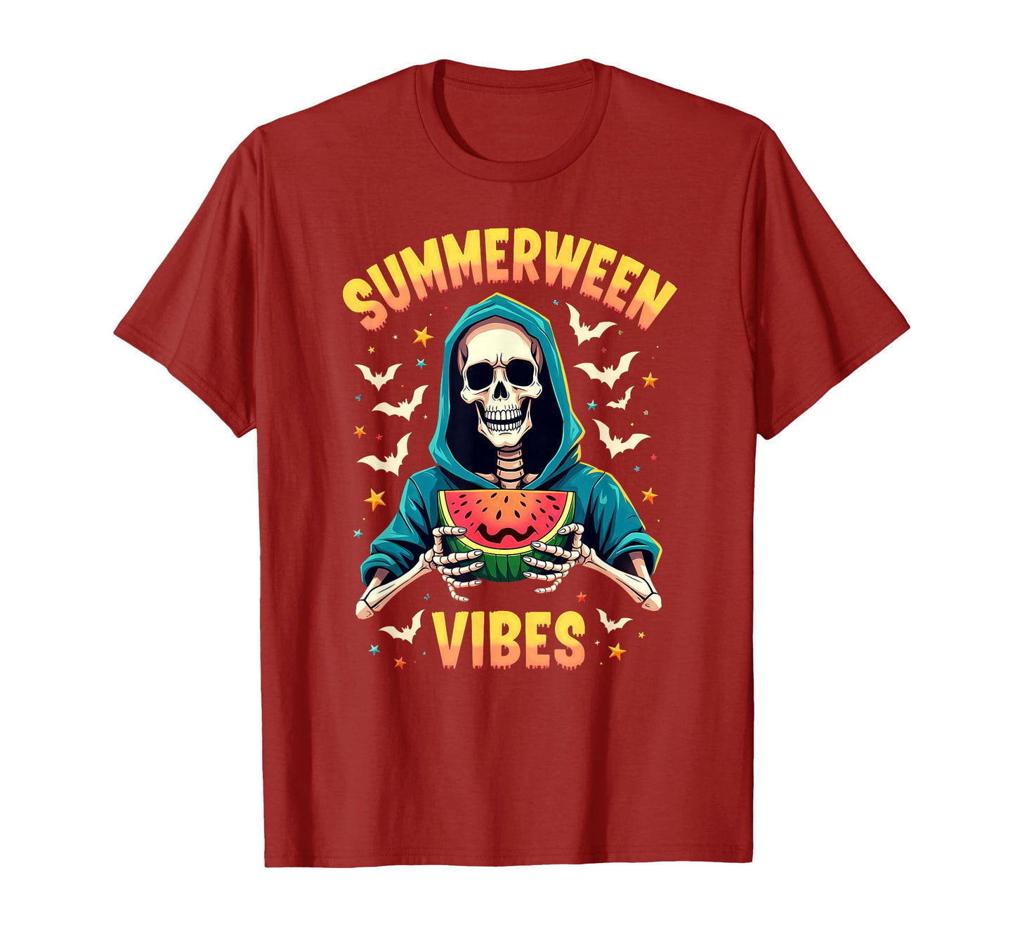 Ghost Skeleton Eating Watermelon Summerween Vibes T-Shirt
