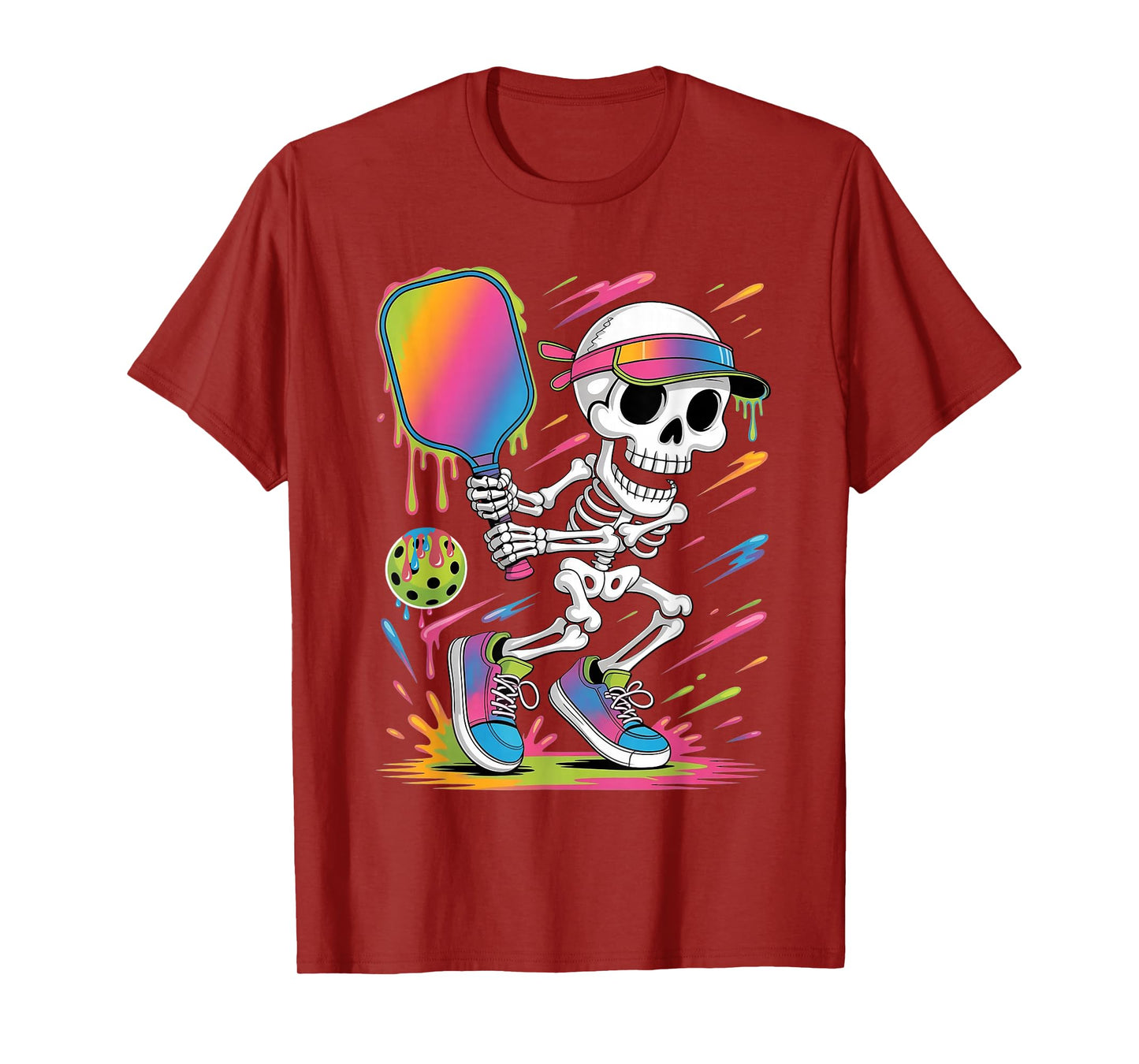 Funny Halloween Skeleton Playing Pickleball Drip Dripping T-Shirt
