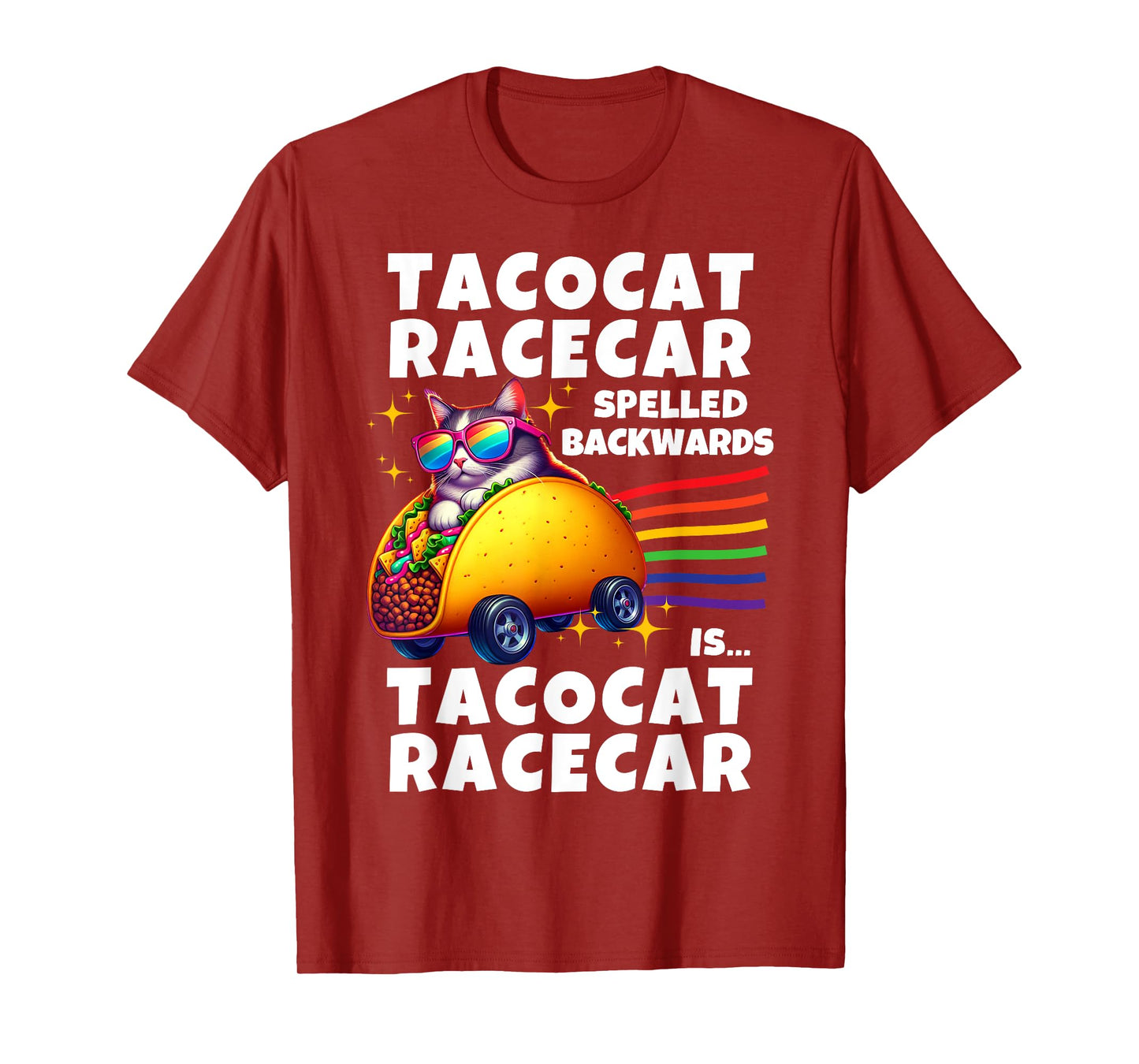 Tacocat Racecar Spelled Backwards Funny Mexican Rainbow Cat T-Shirt for Men Women Kids