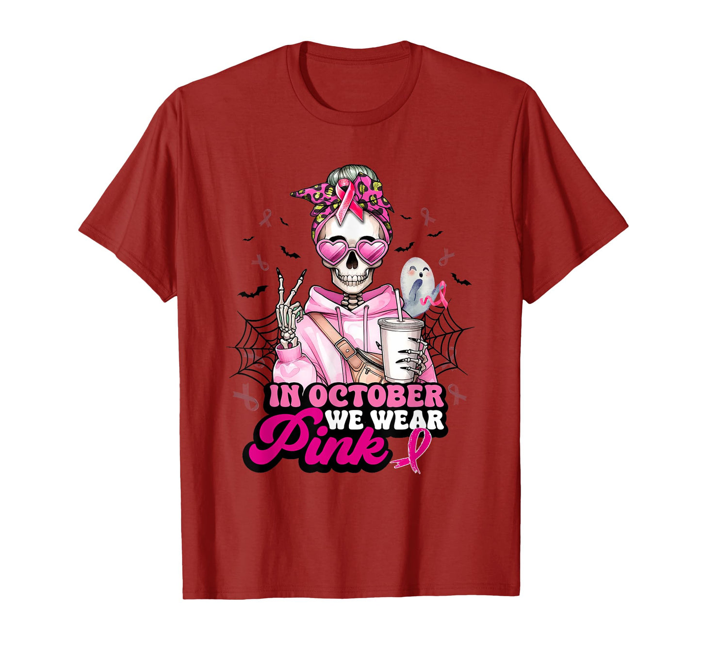 in October We Wear Pink Breast Cancer Skeleton Coffee Lover T-Shirt