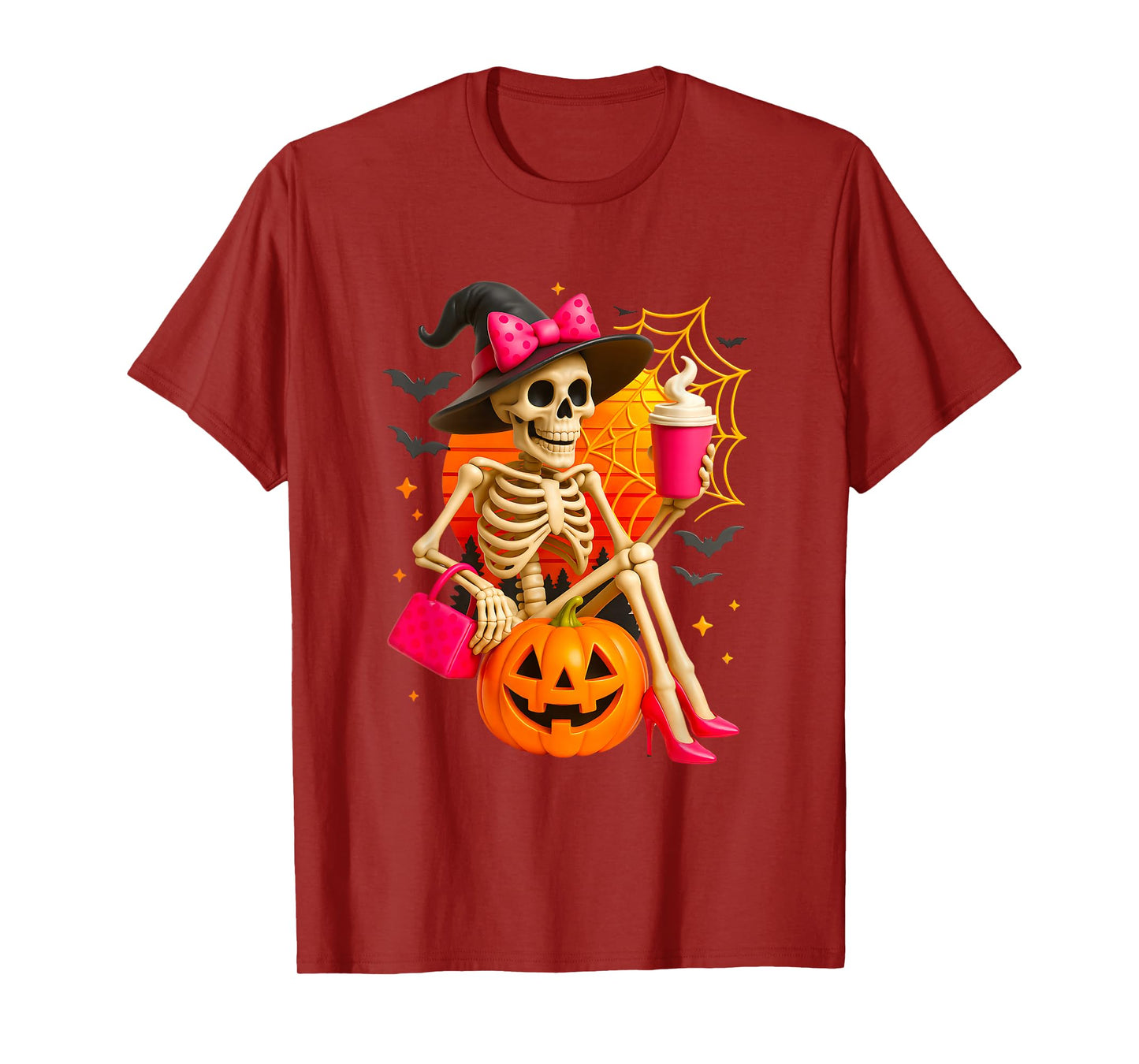 Halloween Skeleton with Pumpkin Hat and Coffee in High Heels T-Shirt