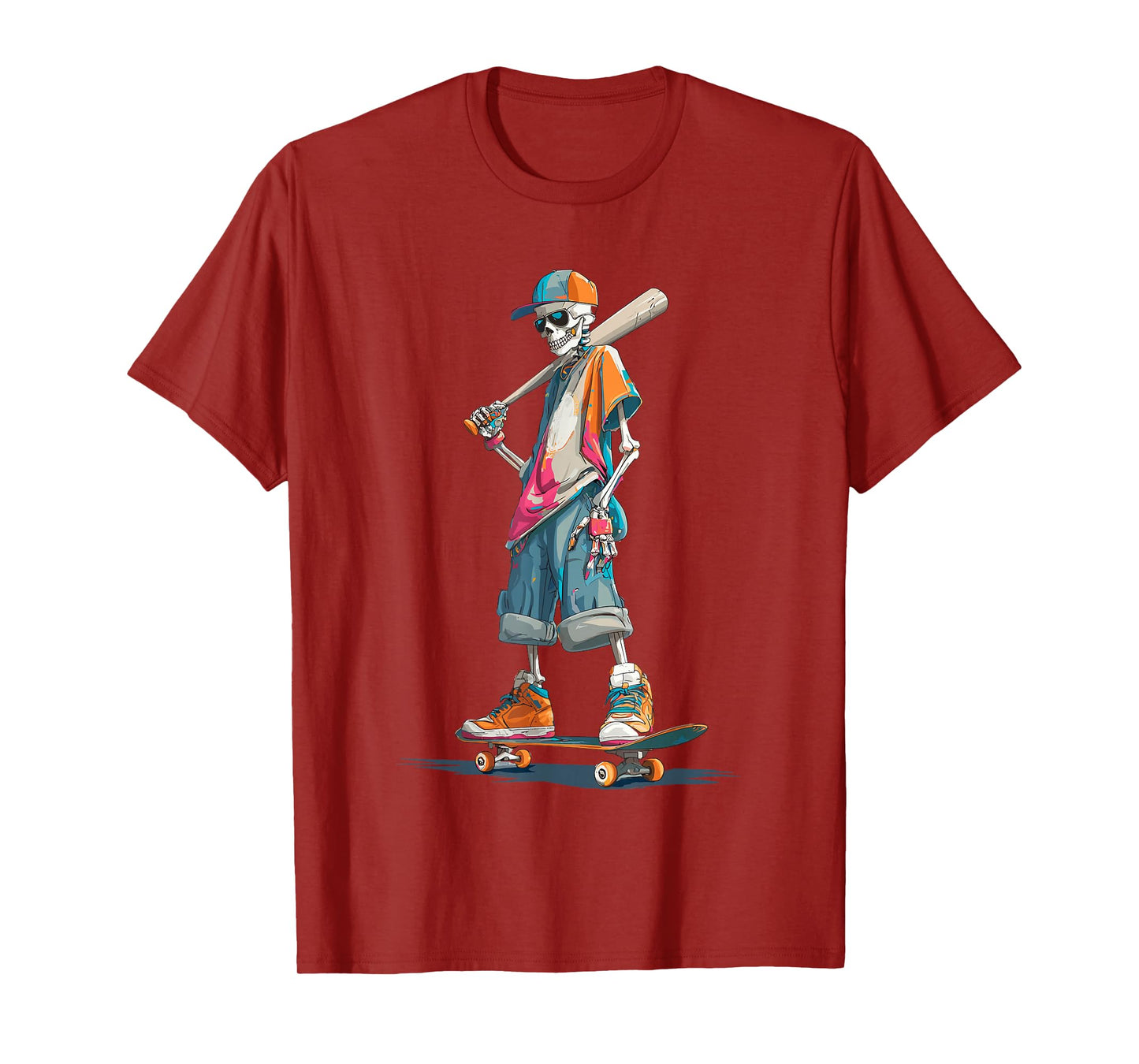 Halloween Skeleton Skater Baseball Bat Graphic Streetwear T-Shirt