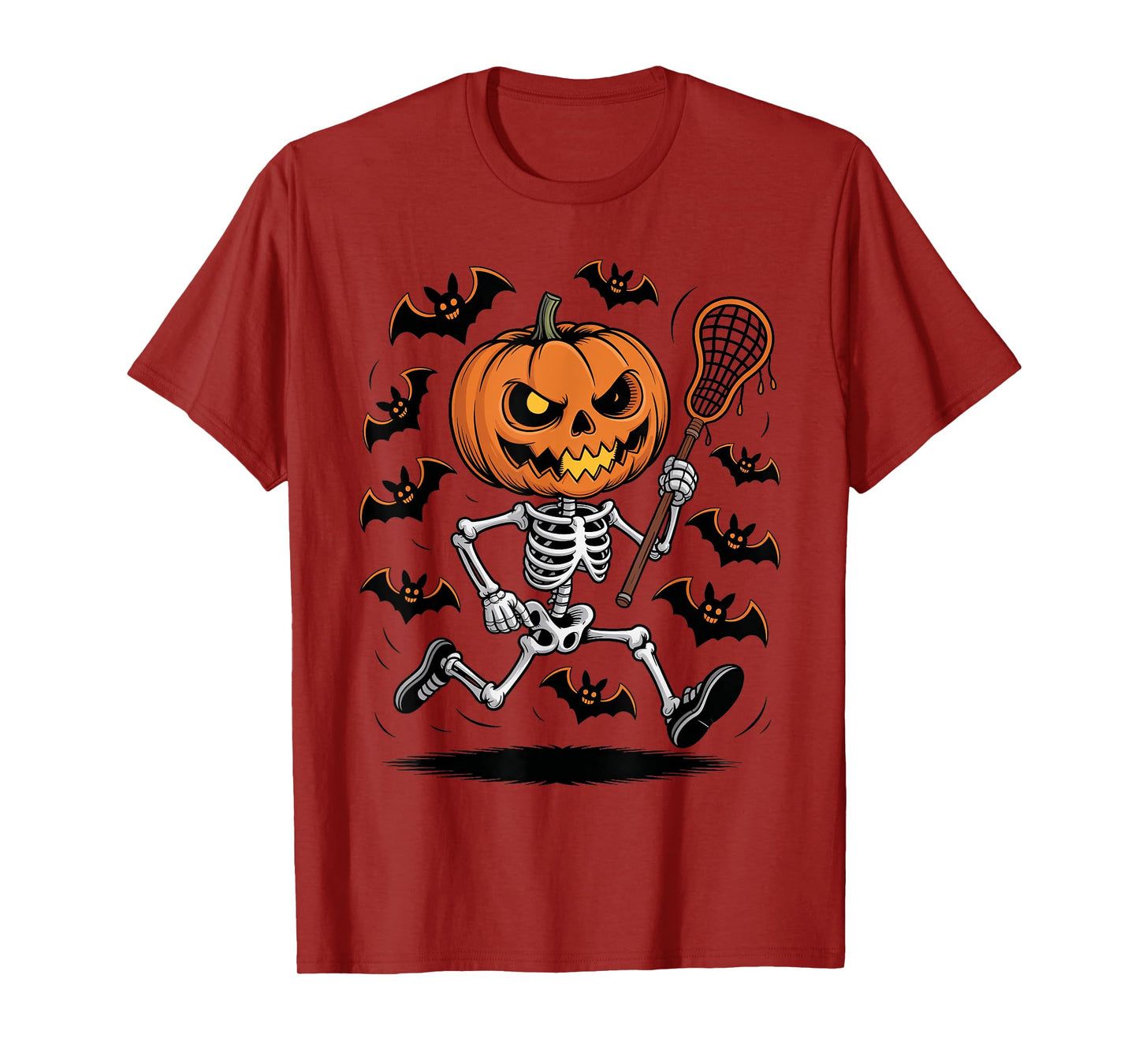 Pumpkin Skeleton Playing Lacrosse Halloween Trick or Treat T-Shirt