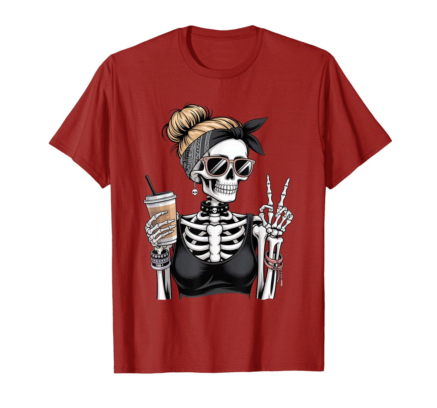 Skeleton Girl Drinking Coffee Peace Sign Graphic for Women T-Shirt