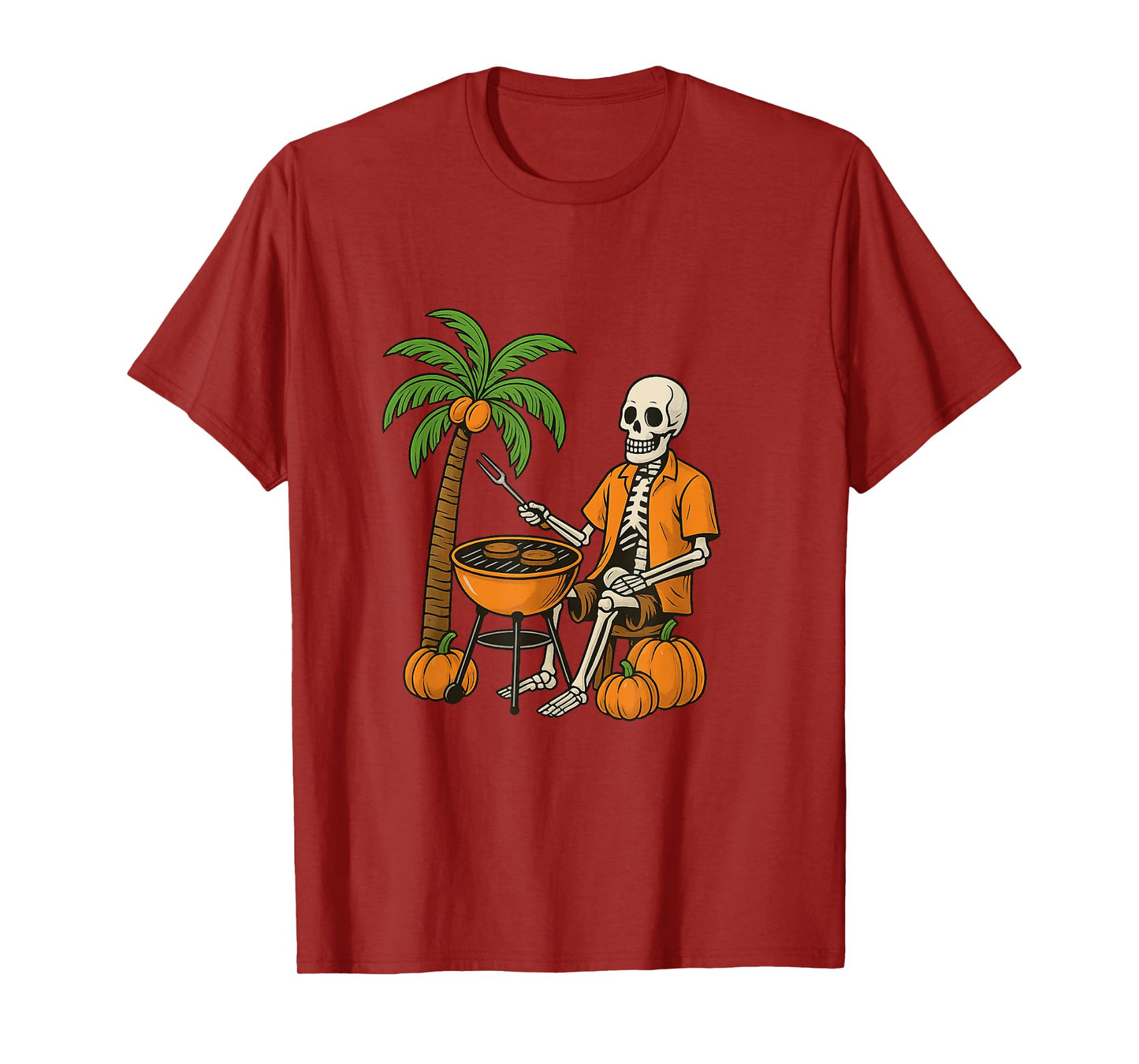 Skeleton Grilling Burgers with Pumpkins Halloween Design T-Shirt