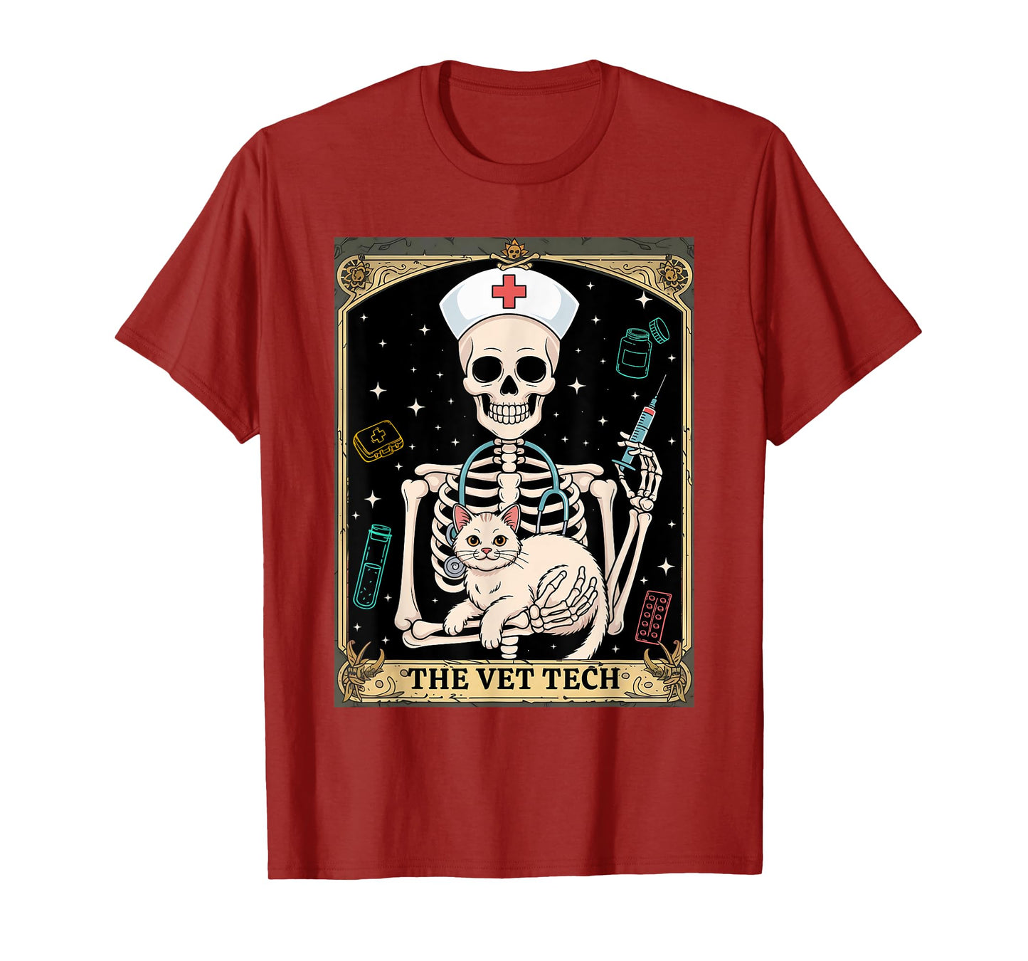 Skeleton Veterinary Technician with Cat and Tools T-Shirt