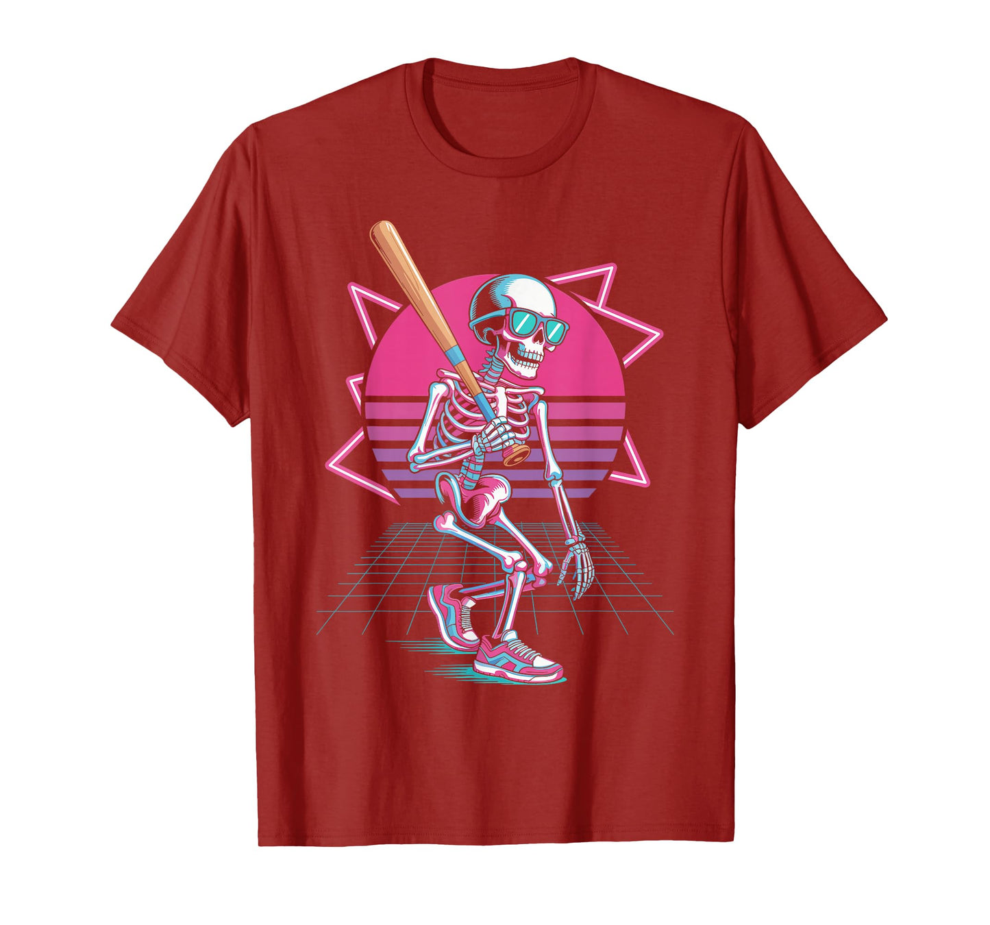 Retro 80s Skeleton Baseball Graphic Halloween T-Shirt