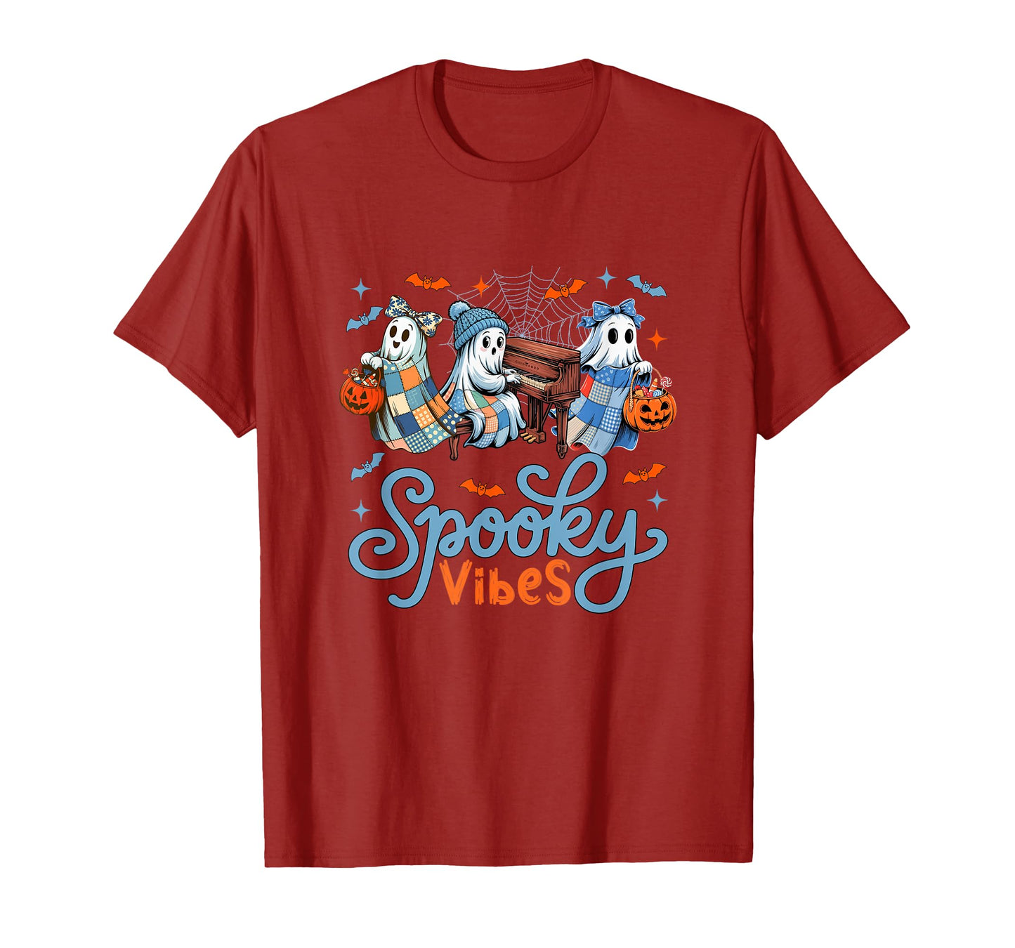 Spooky Funny Vibes Halloween Three Cute Boos Playing Piano T-Shirt