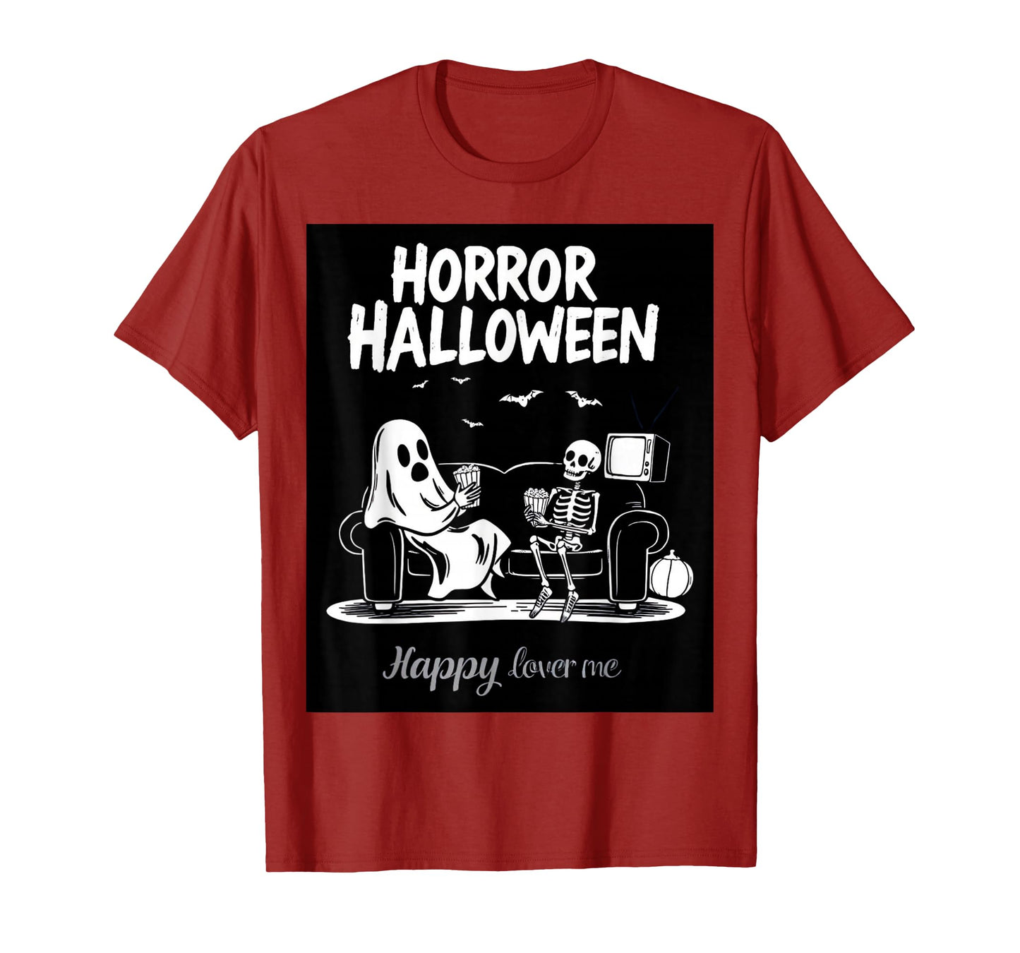 Funny Ghost and Skeleton Watching TV with Popcorn Halloween T-Shirt