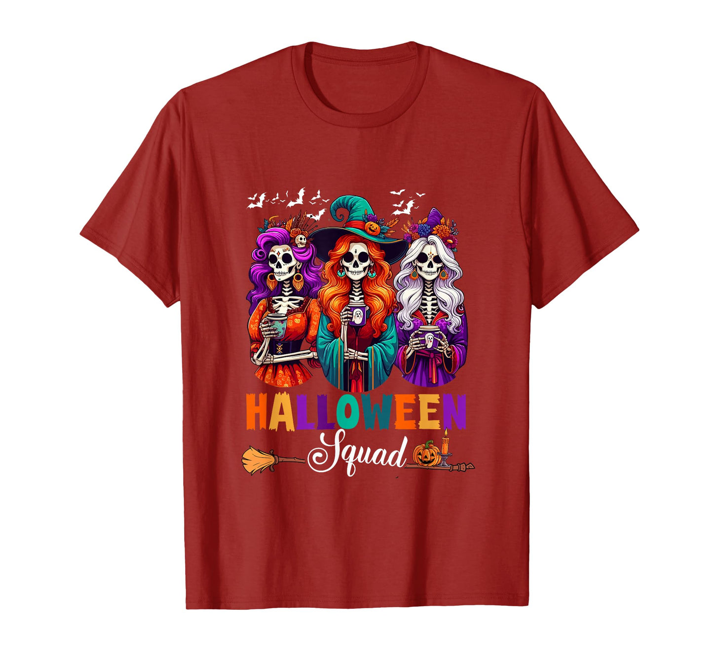 Halloween Squad Three Cute Skeletons Witch Drinking Coffee T-Shirt