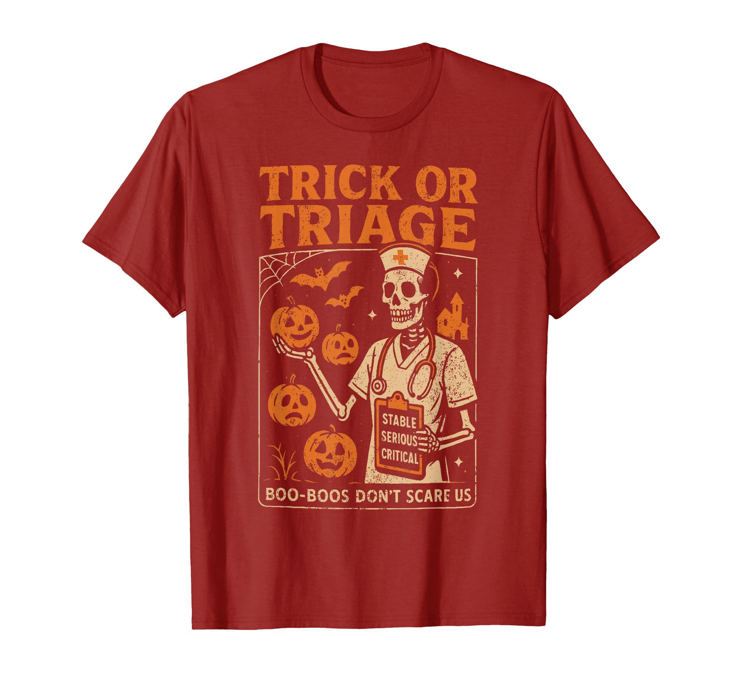 Trick or Triage Skeleton Pumpkin Nurse Halloween Costume T-Shirt