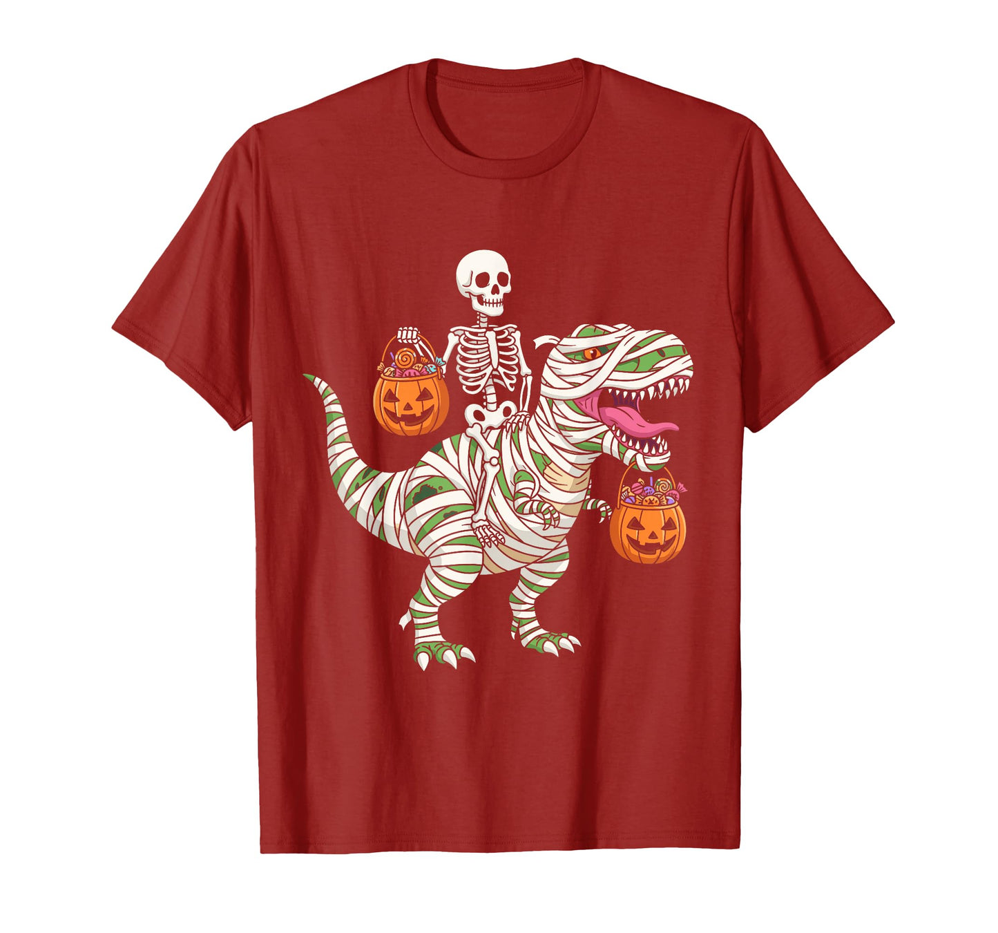 Skeleton Riding Mummy Dinosaur T-Rex Funny Halloween Pumpkin T-Shirt