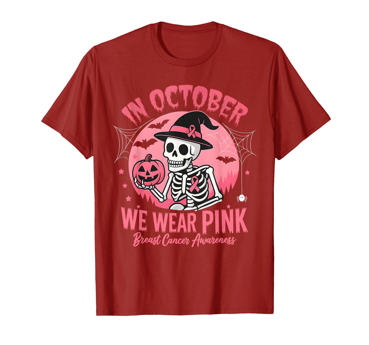 in October We Wear Pink Breast Cancer Skeleton Halloween T-Shirt