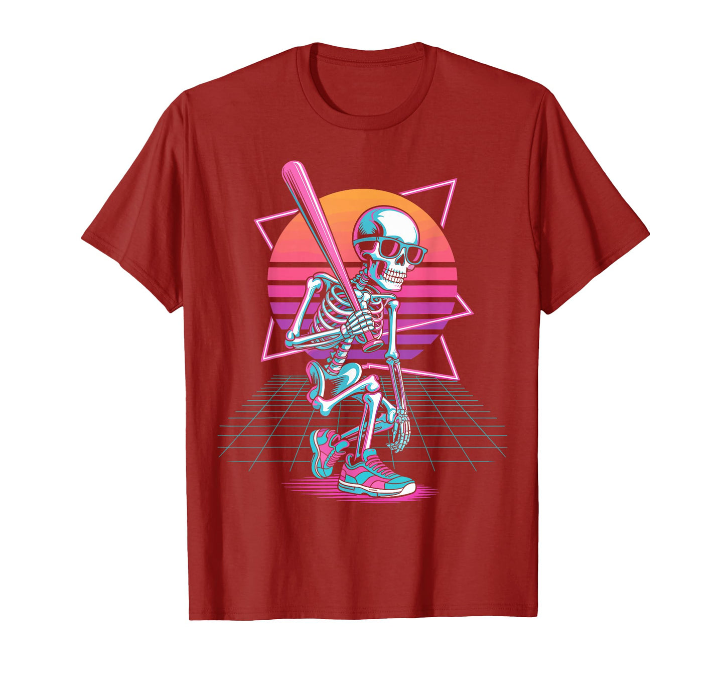 Retro 80s Skeleton Baseball Graphic Halloween Vaporwave T-Shirt