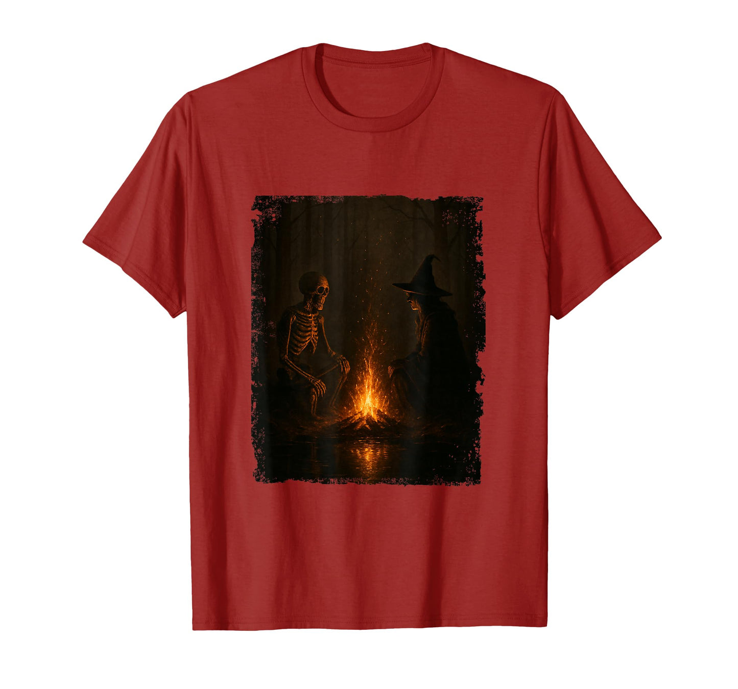 Witch and Skeleton by Fire Camping Gothic Halloween Night T-Shirt
