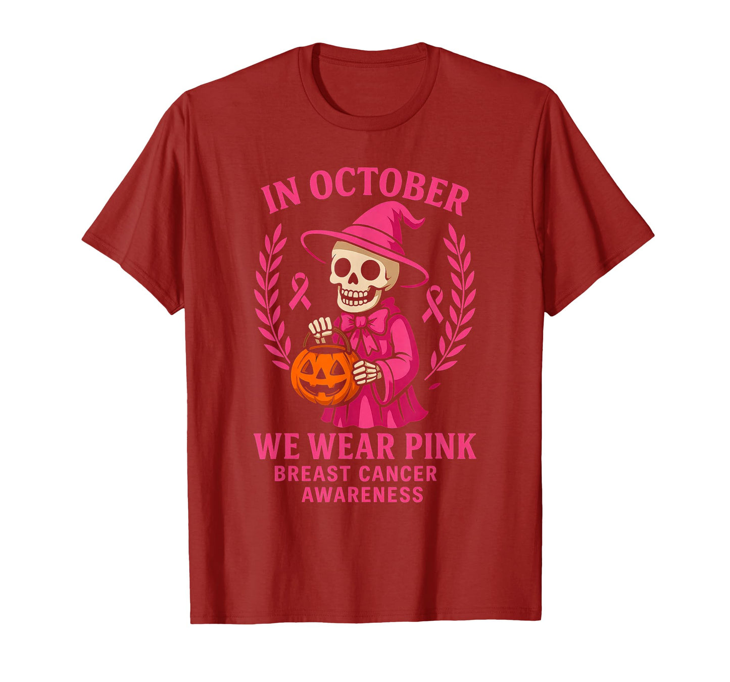 Skeleton Halloween October We Wear Pink Breast Cancer T-Shirt