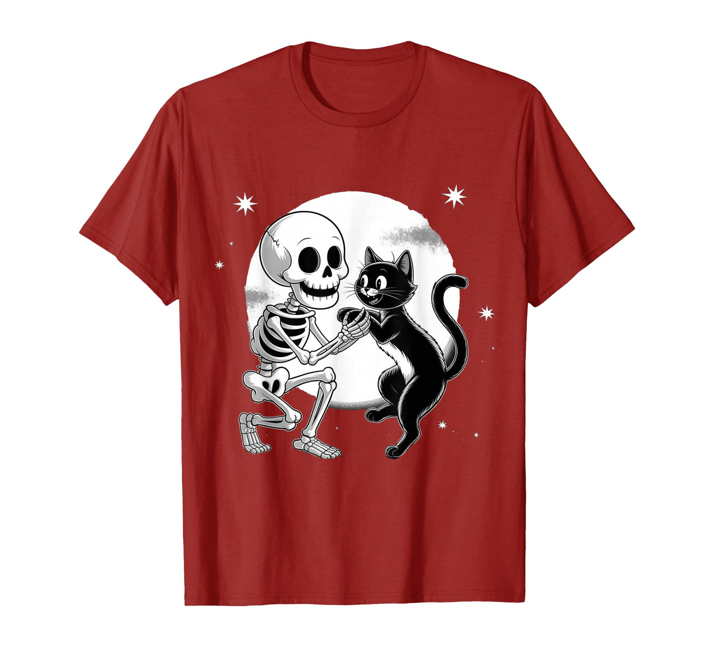 Skeleton Hugging Black Cat Under Full Moon Halloween T-Shirt