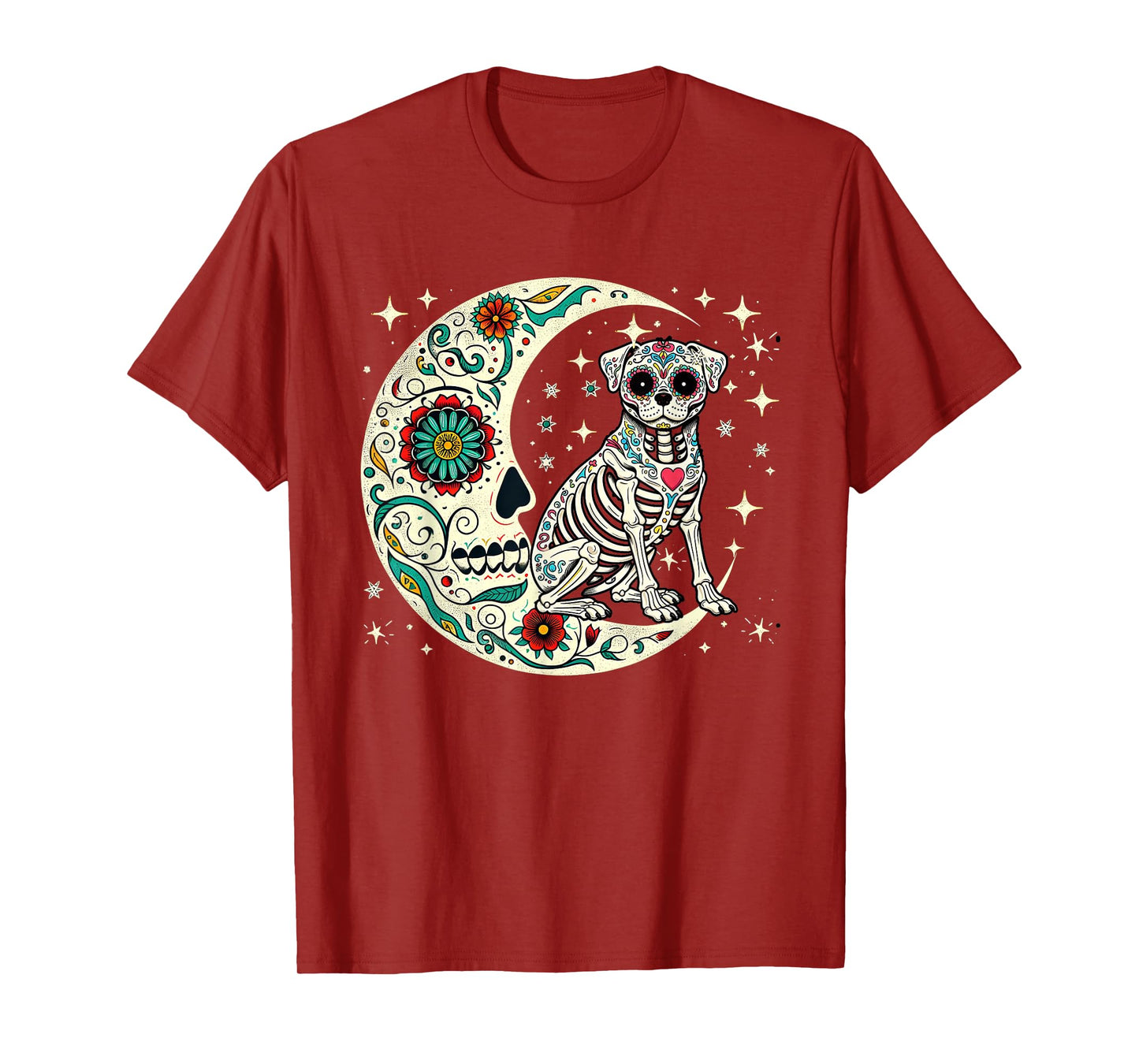 Dia De Los Muertos Halloween Moon Floral Skeleton Pug T-Shirt