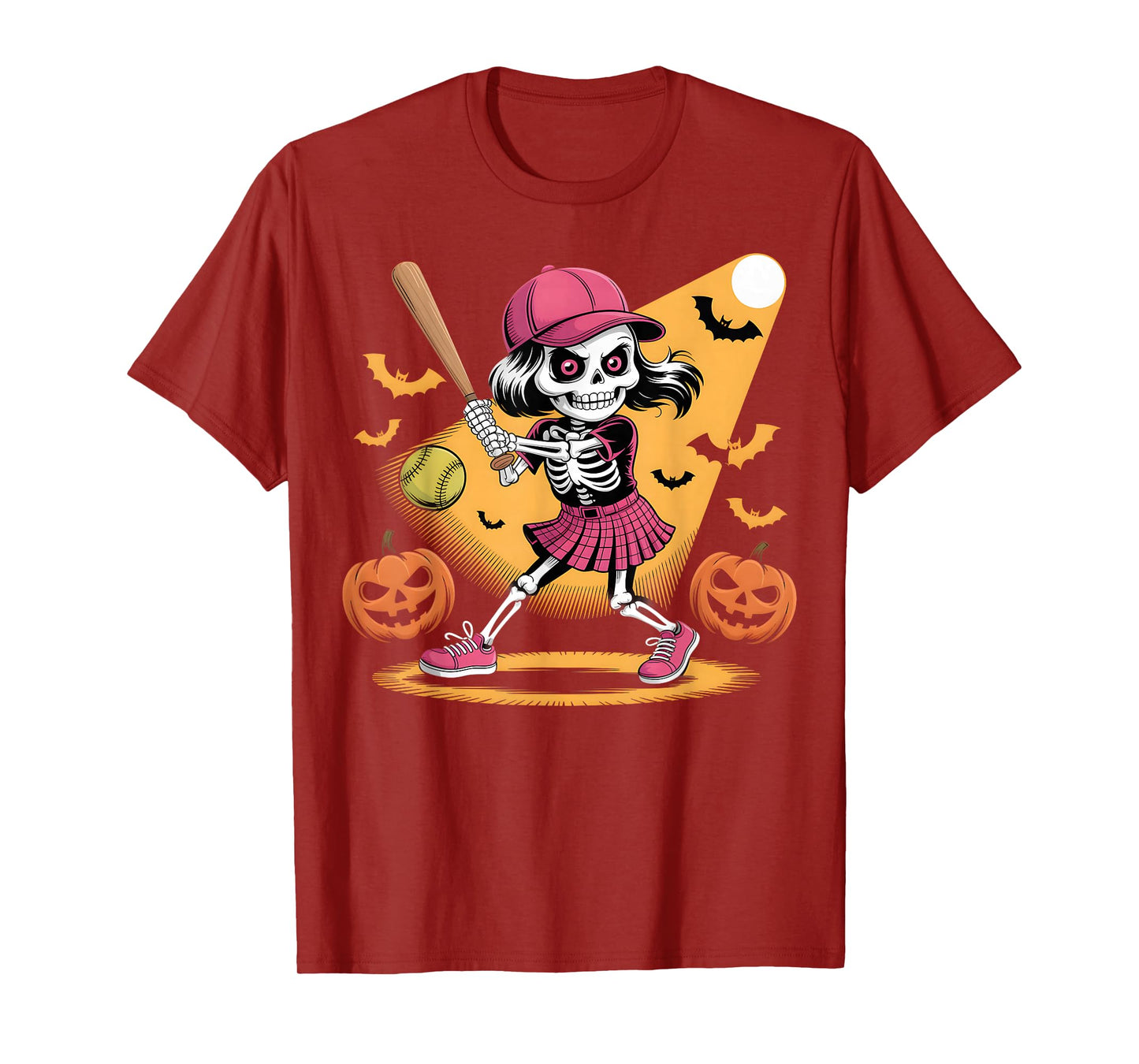 Skeleton Girl Softball Halloween Pumpkins and Bats Costume T-Shirt