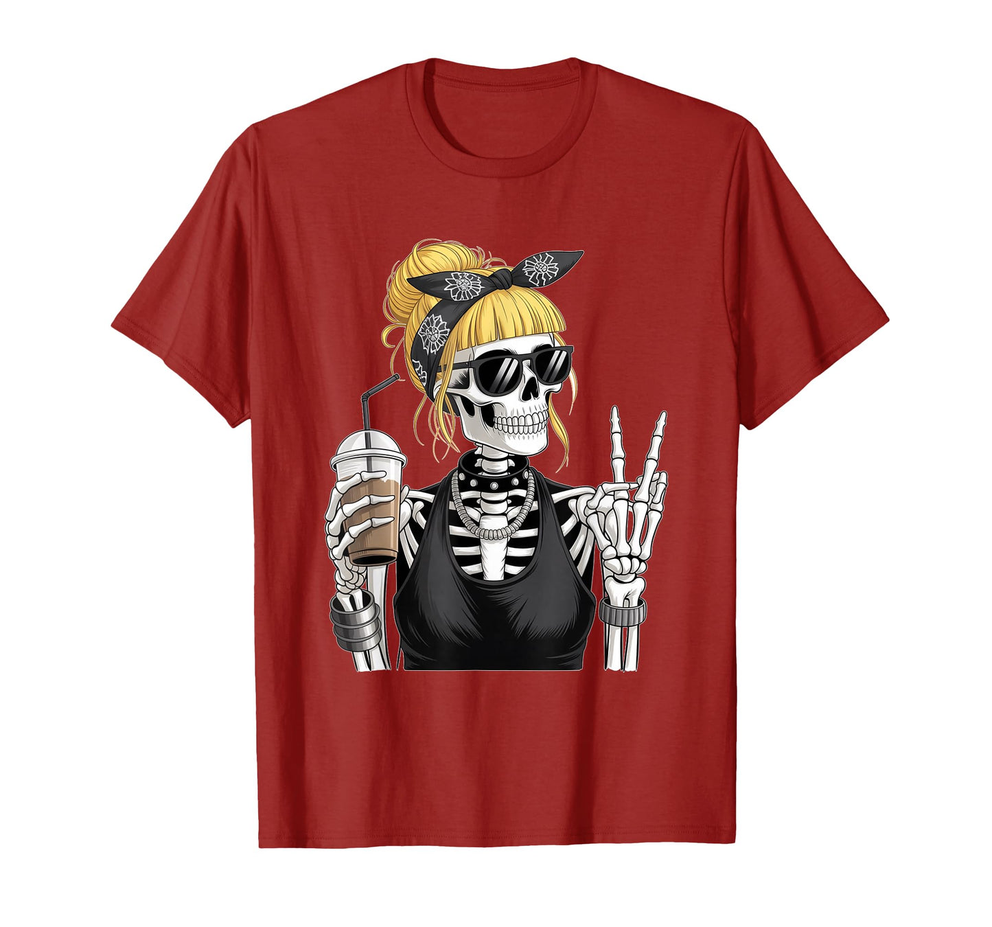 Skeleton Girl Drinking Coffee Peace Sign Graphic for Women T-Shirt