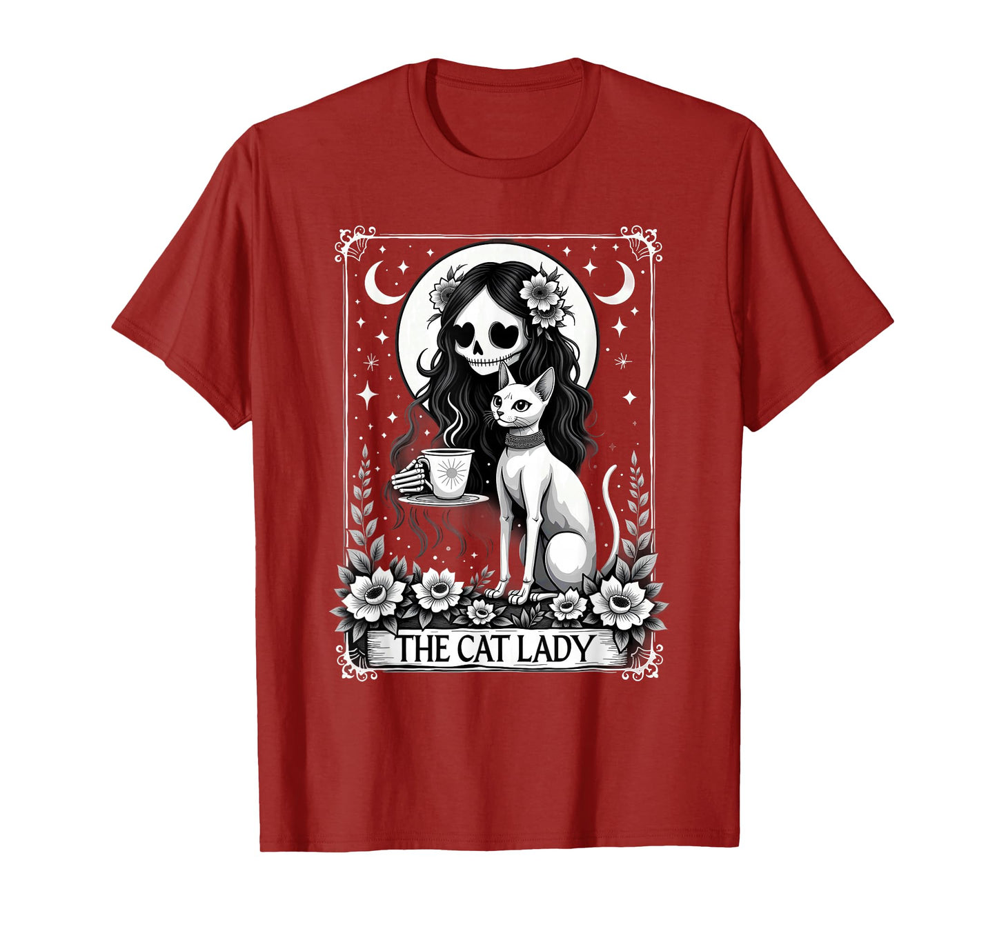 Gothic Tarot Card Cat Lady Skeleton Coffee T-Shirt