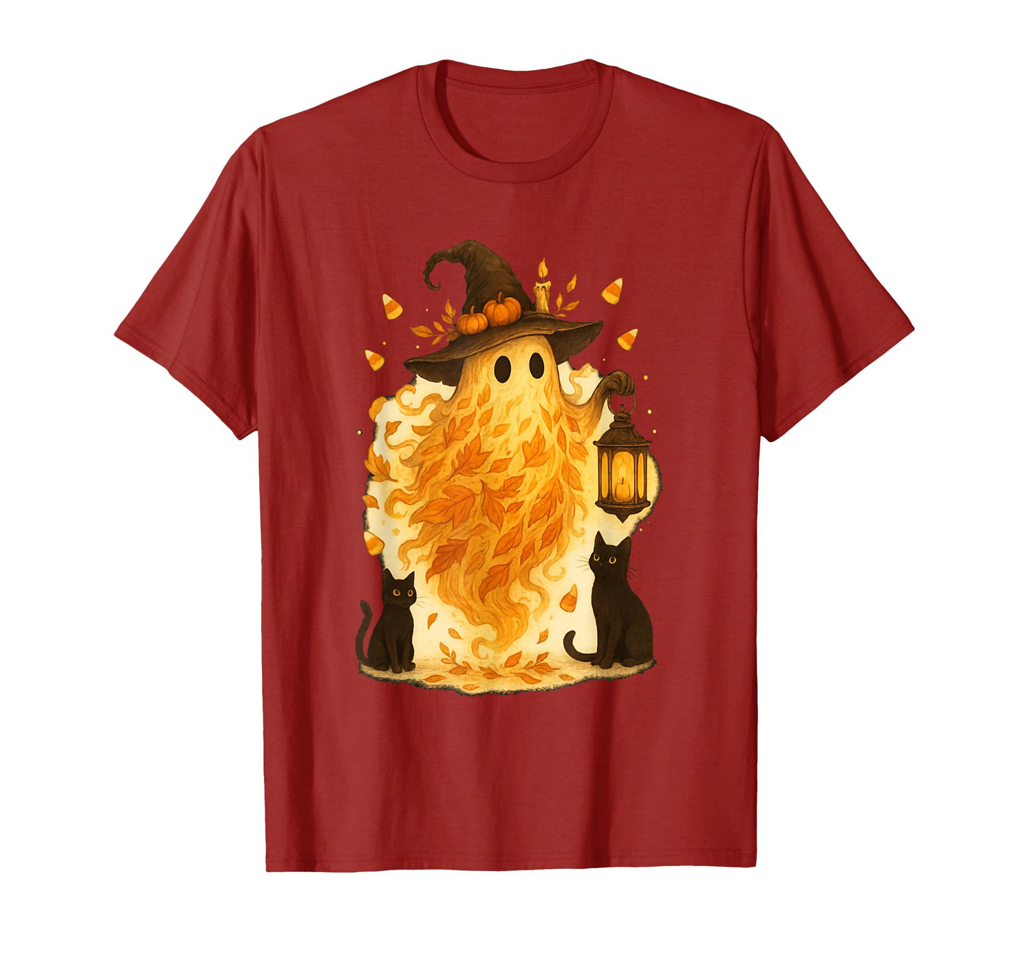 Halloween Witch Hat Ghost and Black Cat Groovy Floral Autumn T-Shirt