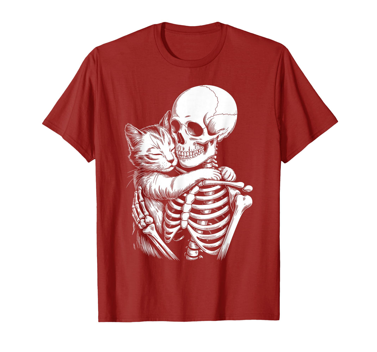 Skeleton Hugging Cat Lover Spooky Season Halloween T-Shirt