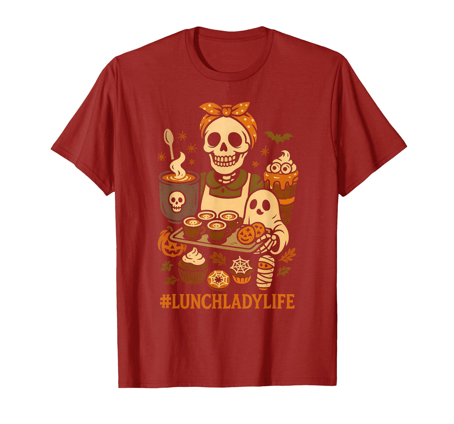 Skeleton Lunch Lady Coffee Cafeteria Crew Spooky Halloween T-Shirt