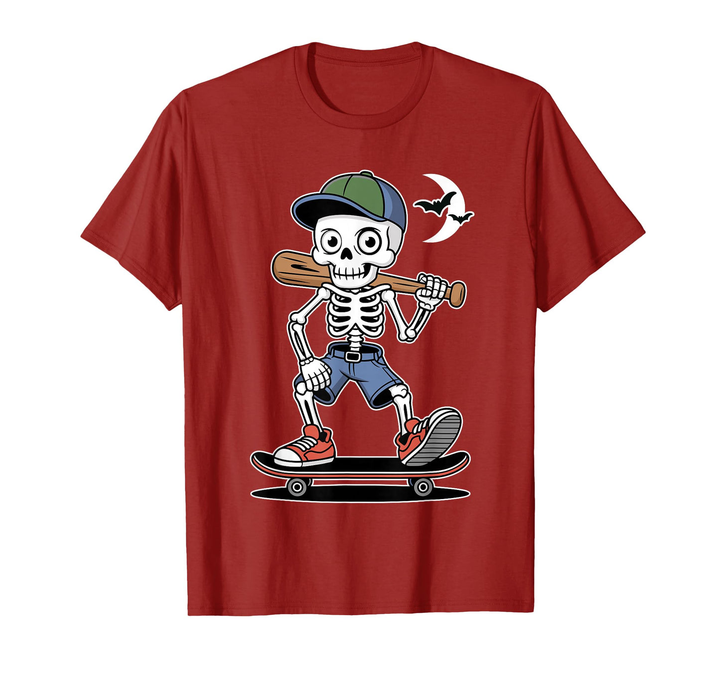 Halloween Skeleton Skater Baseball Moon Graphic T-Shirt