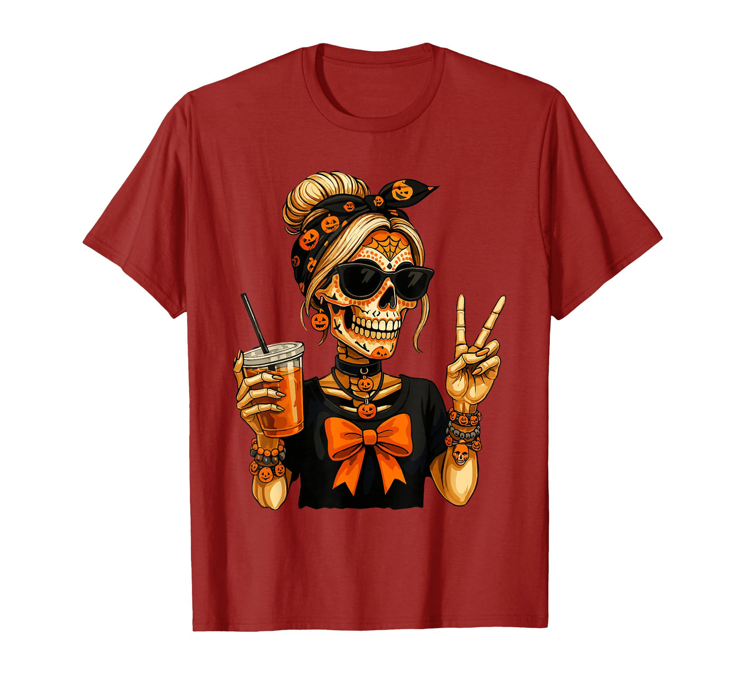 Skeleton Messy Bun Coffee Shirt Women, Halloween Peace Sign T-Shirt
