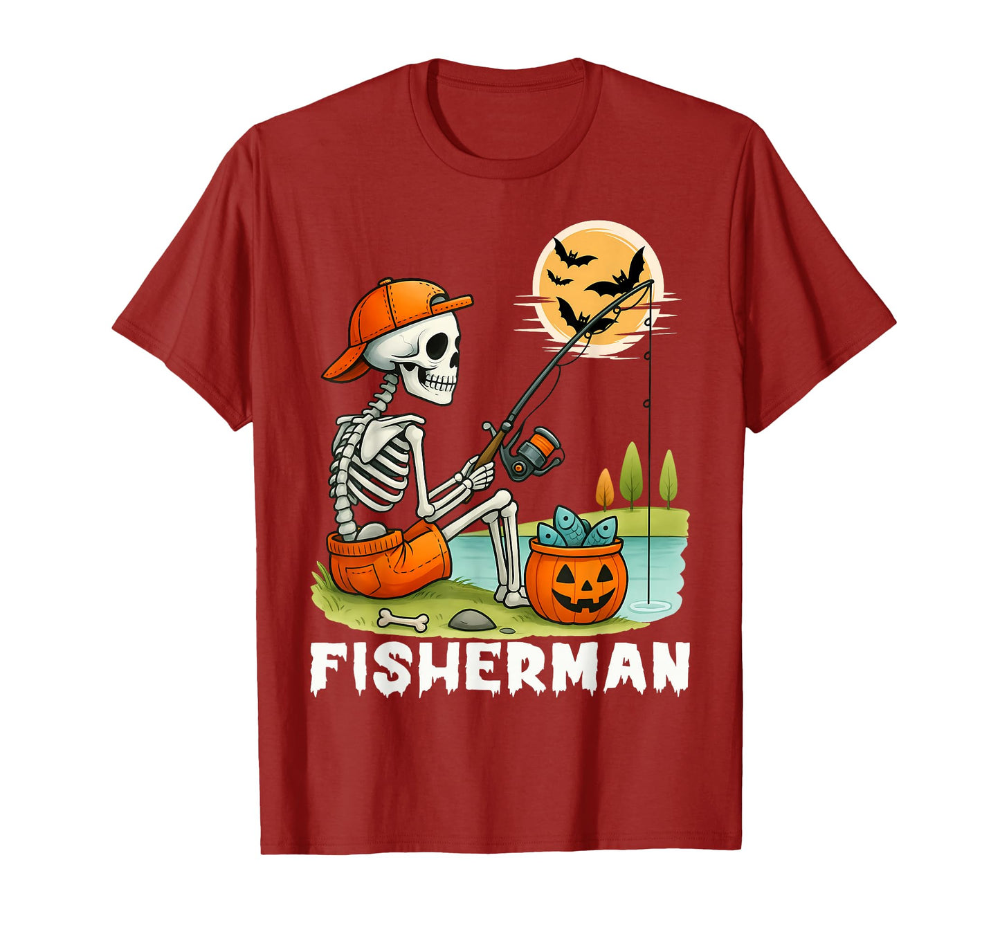 Skeleton Fisherman Halloween Fishing Men Women Kids T-Shirt