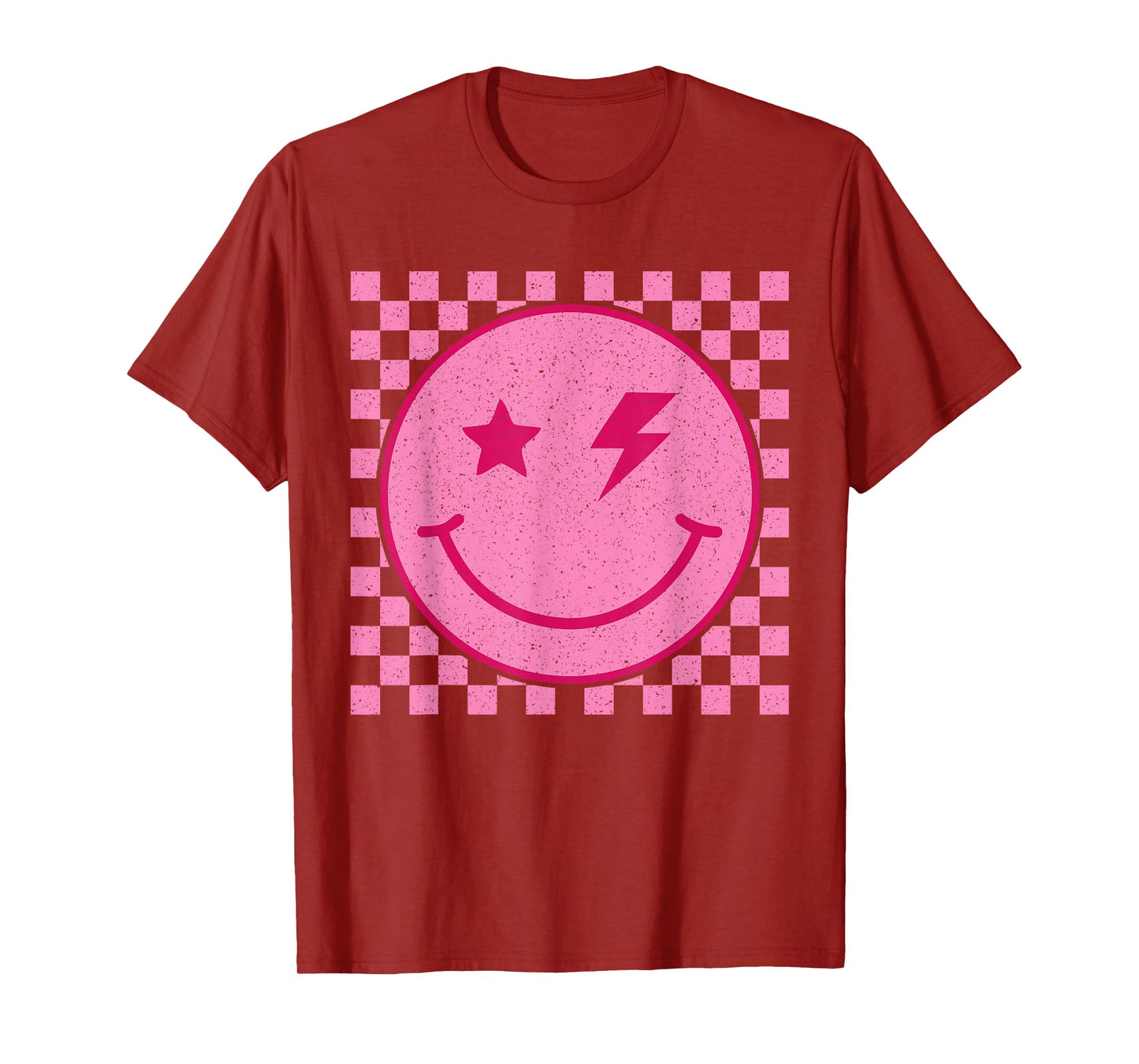 Retro Pink Happy Face Checkered Pattern Smile Face Trendy T-Shirt
