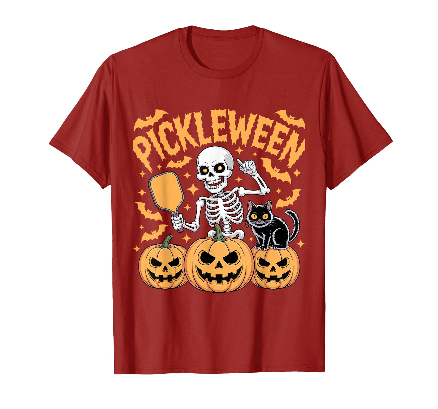 Pickleween Skeleton Cat Pumpkin Funny Halloween Pickleball T-Shirt