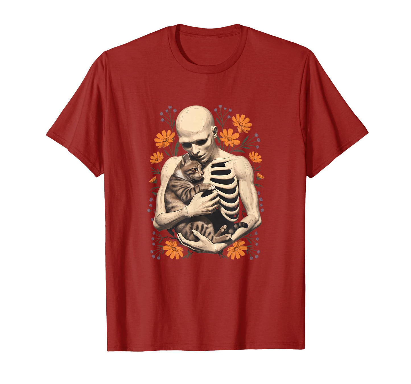 Funny Skeleton Hugging Cat Floral Halloween Cats Lover T-Shirt
