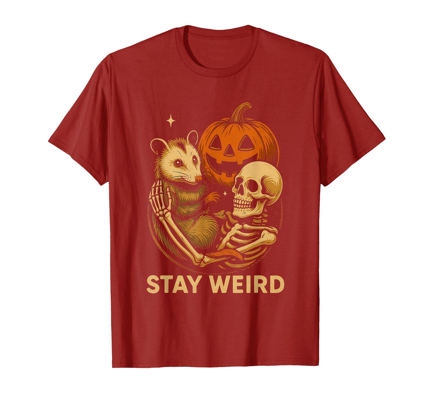 Skeleton Hugging Opossum Stay Weird Halloween Spooky Possum T-Shirt