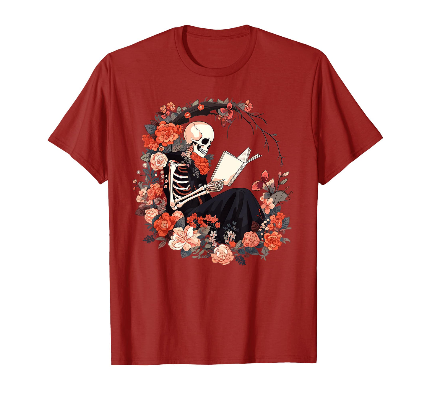 Skeleton Reading Book Lover Floral Flowers Bookish Bookworm T-Shirt