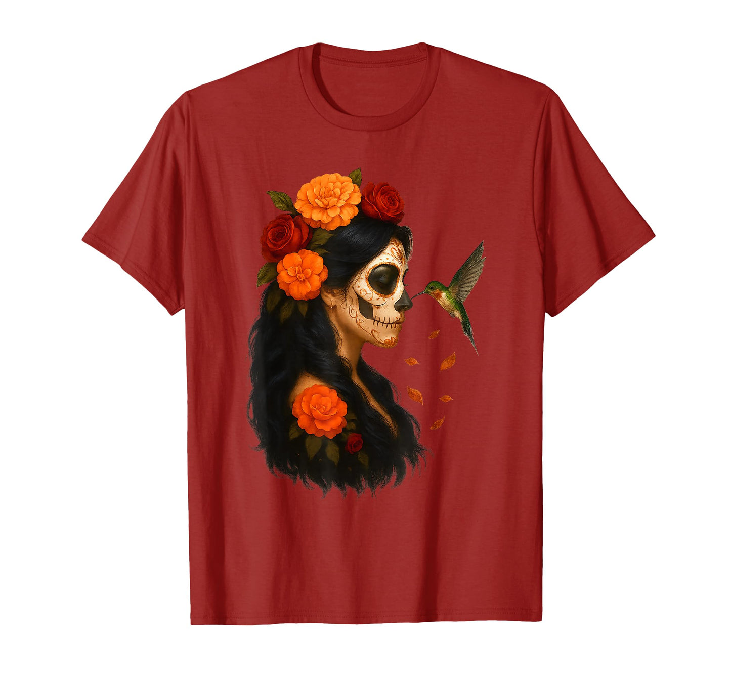 De Los Muertos La Catrina Sugar Skull Hummingbirds Flowers T-Shirt