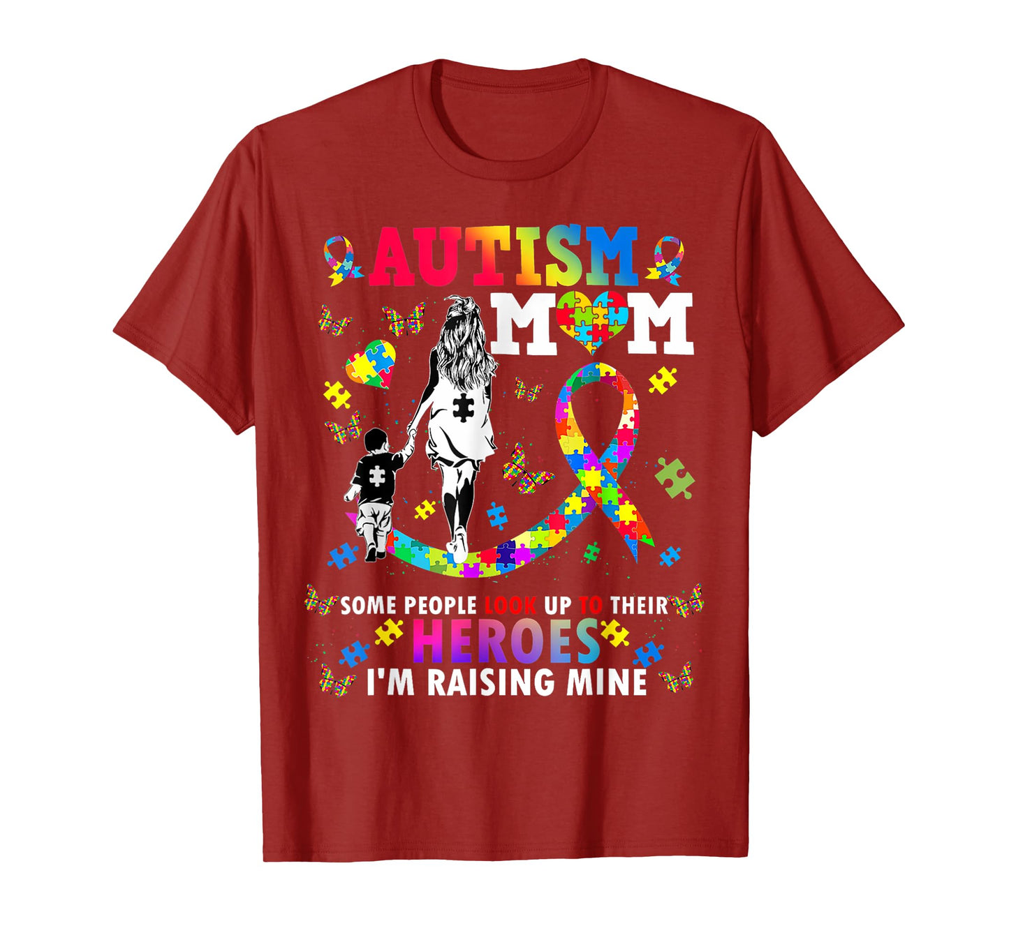 Autism Mom Raising Hero Groovy Heart Puzzle Autism Awareness T-Shirt