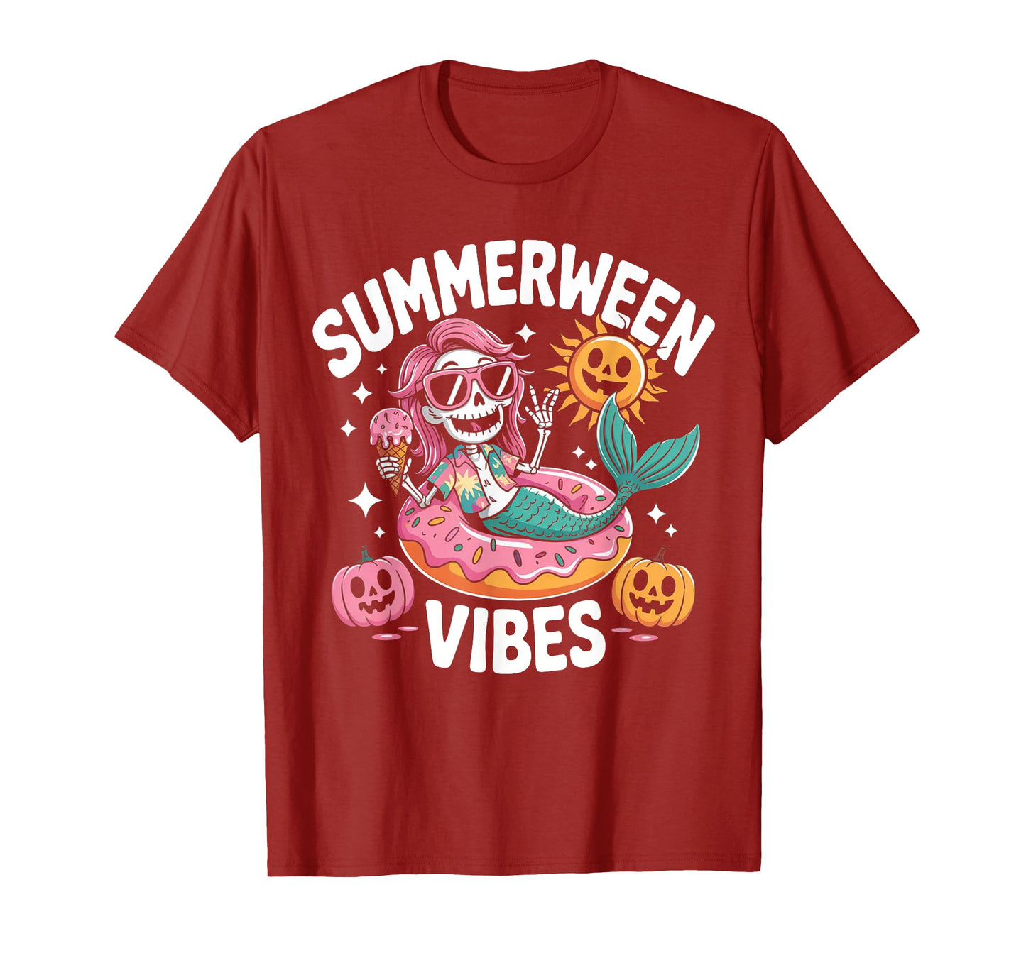 Summerween Vibes Spooky Summer Mermaid Skeleton Halloween T-Shirt