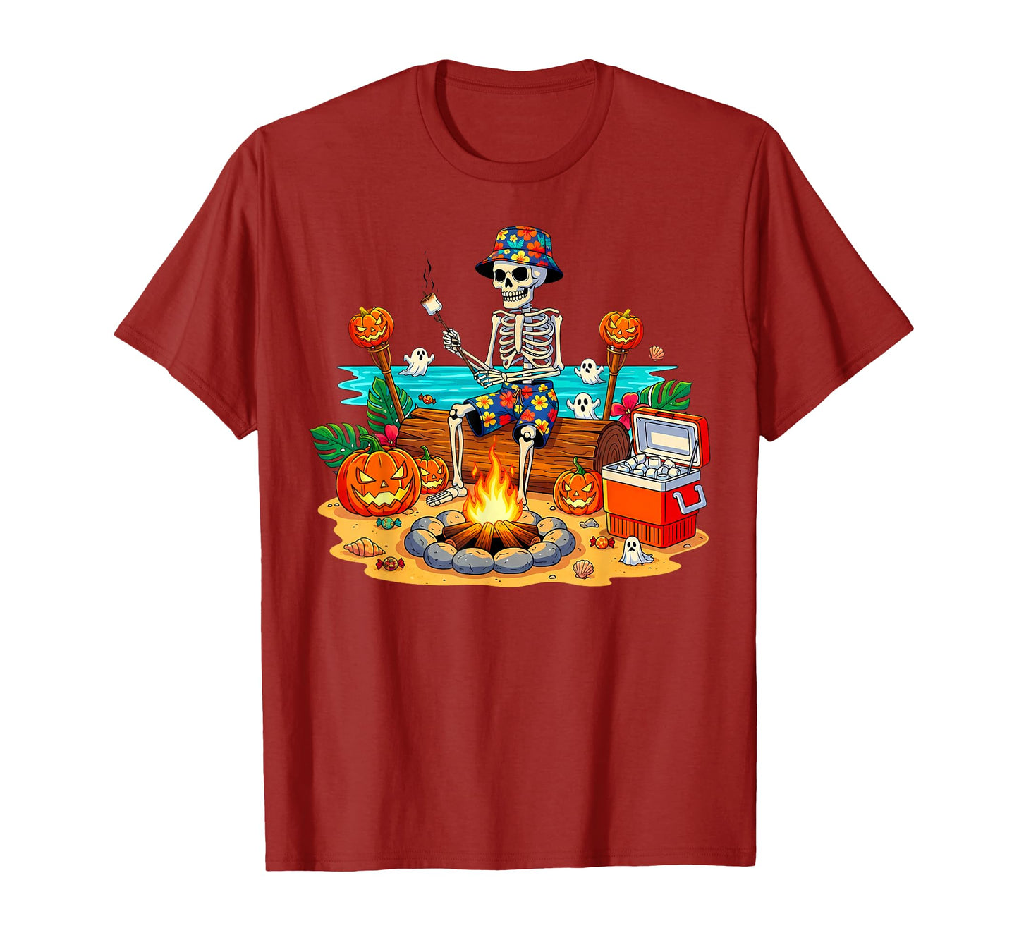 Skeleton Camping Campfire Halloween Pumpkin Spooky T-Shirt