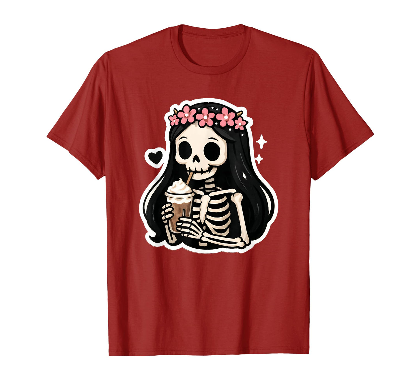 Skeleton Girl Drinking Coffee Peace Sign Graphic for Women T-Shirt