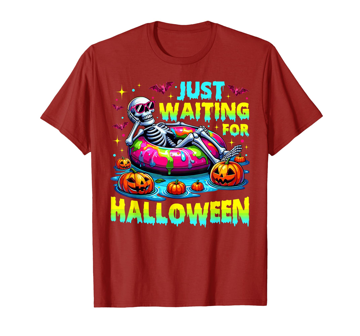 Retro Just Waiting for Halloween Skeleton On Float Summer T-Shirt