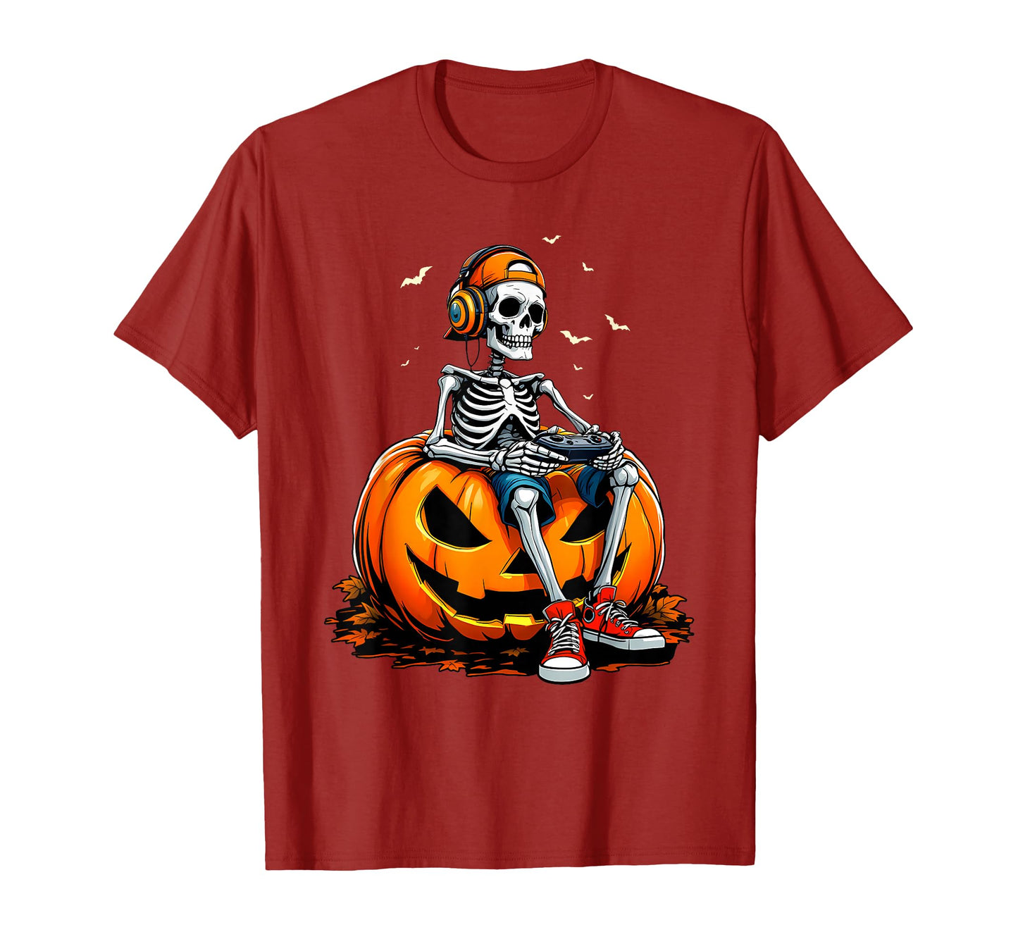 Spooky Pumpkin & Skeleton Gamer Tee | Boys & Kids Halloween T-Shirt
