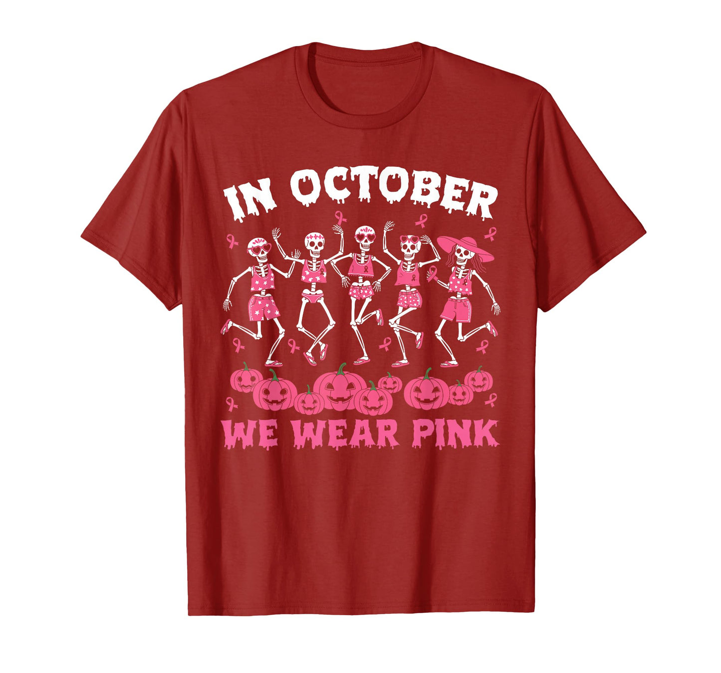 Breast Cancer Halloween in October We Wear Pink Skeleton T-Shirt