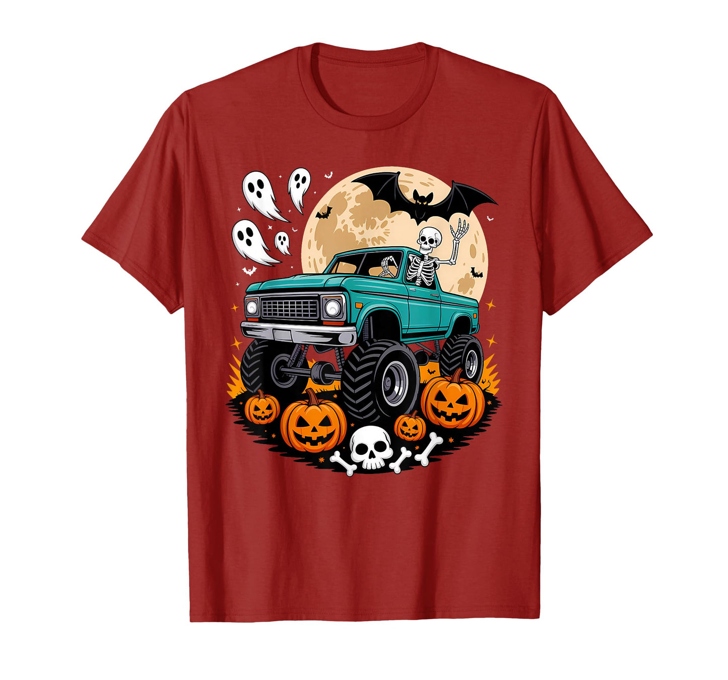Halloween Skeleton Monster Truck Driver Pumpkins Ghosts T-Shirt