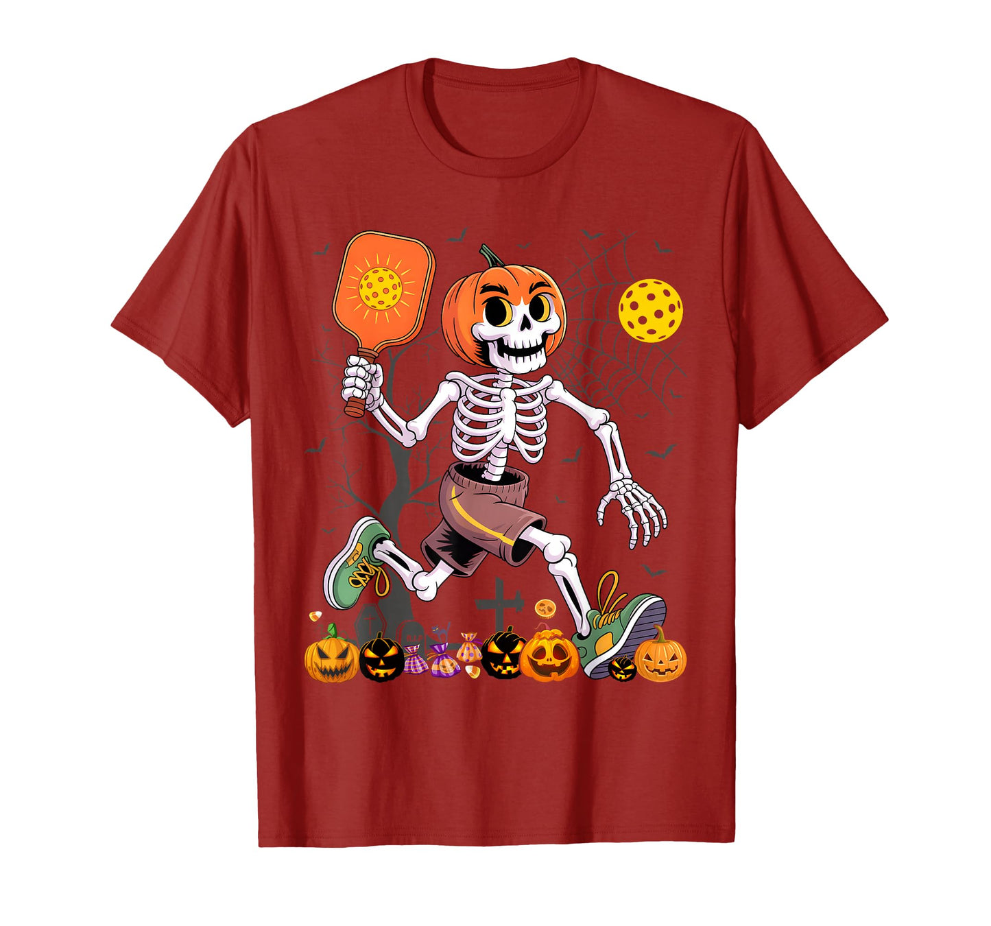 Pumpkin Head Skeleton Pickleball Halloween Spooky Sports T-Shirt