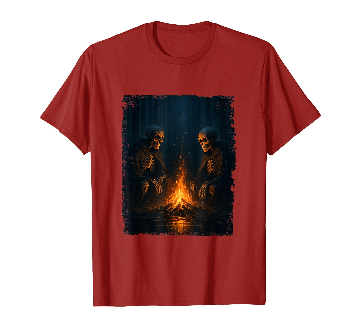 Skeletons by Fire Camping Forest Halloween Art Mens Womens T-Shirt