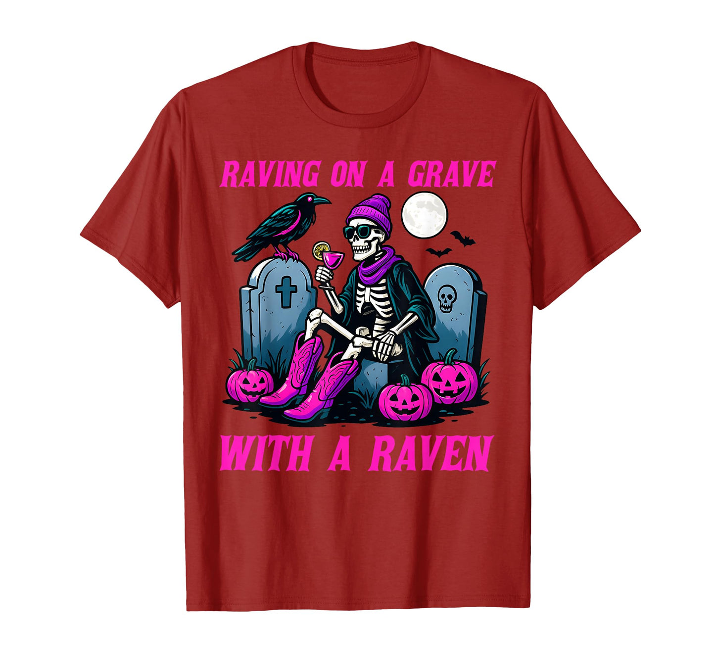 Raving on a Grave with a Raven Halloween Skeleton Party T-Shirt